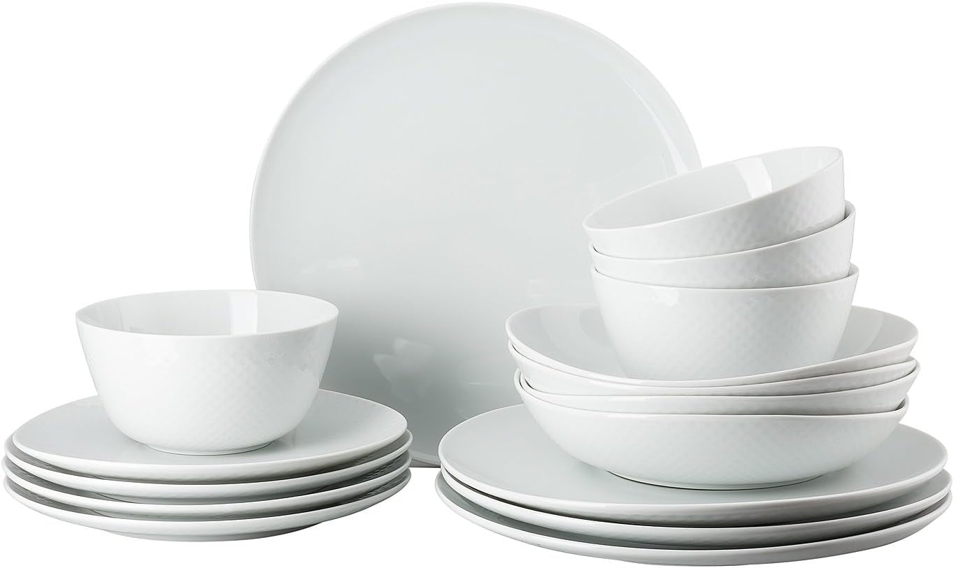Rosenthal Junto Wit servies, porselein, wit, platte borden, dinerborden Ø 22 cm, dinerborden Ø 21,5 cm en mueslischalen Ø 14 cm, 0,62 l, vaatwasser- en magnetronbestendig, set voor 4