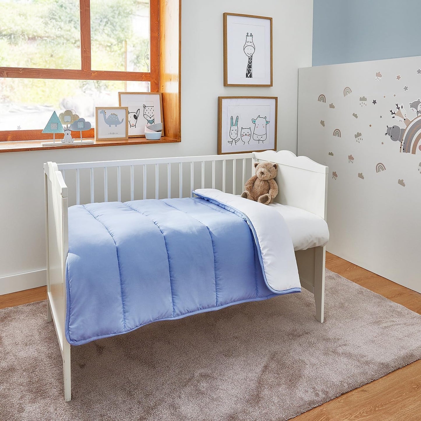 Pikolin Home - Omkeerbaar dekbed 300 G - Tweekleurige Scandinavische vulling - Voor kinderbedje 60 - Met veren gevuld, warm, ademend, blauw/wit, 100 X 120 cm Dekbedden en dekbedden Naty Shop