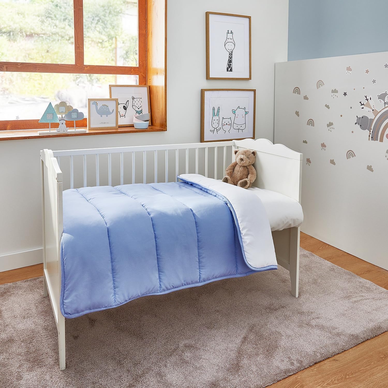 Pikolin Home - Omkeerbaar dekbed 300 G - Tweekleurige Scandinavische vulling - Voor kinderbedje 60 - Met veren gevuld, warm, ademend, blauw/wit, 100 X 120 cm Dekbedden en dekbedden Naty Shop