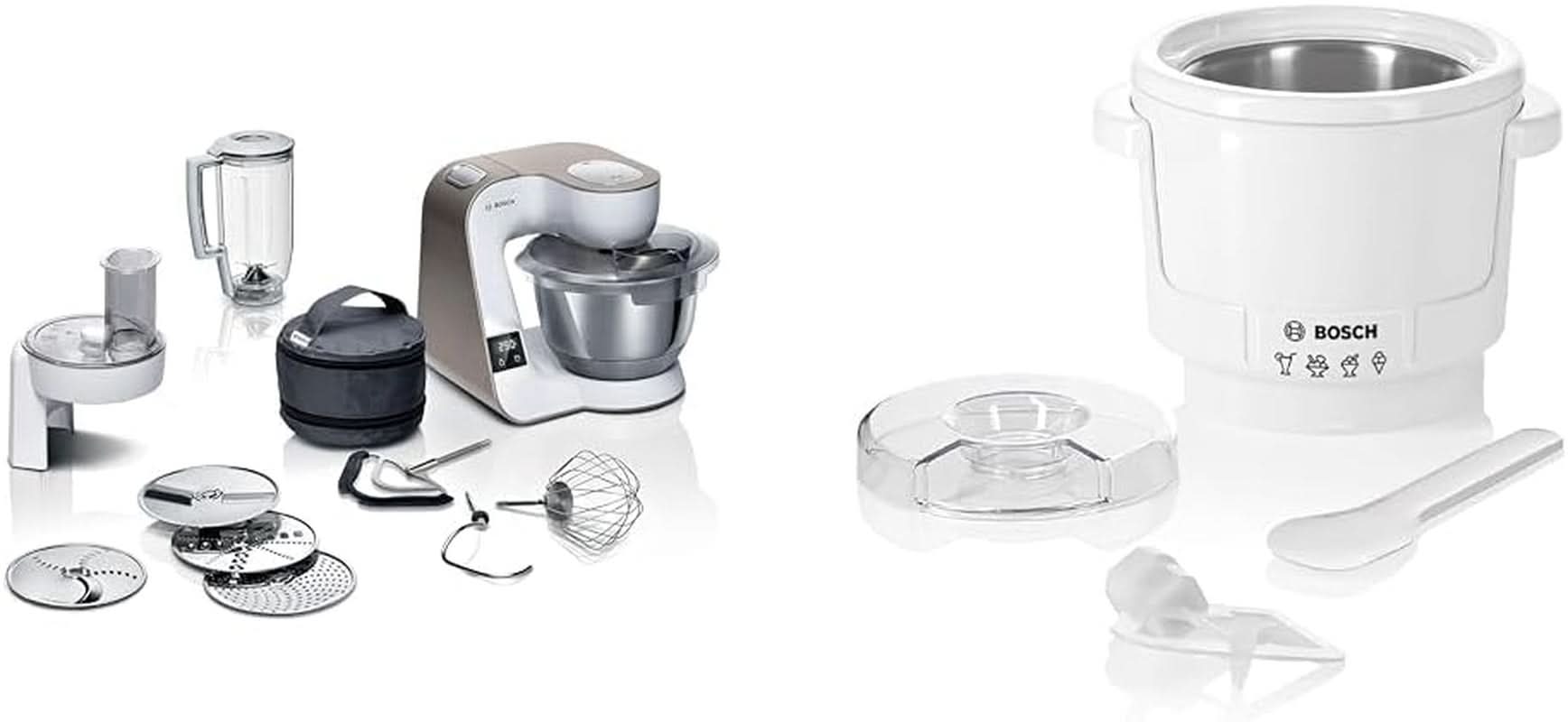 Bosch Series 4 MUM5X720 keukenmachine, geïntegreerde weegschaal, roestvrijstalen kom 3,9L, mixer 1,25L, 1000W Accessoires Voeding en borstvoeding Bebe Naty Shop Pakket met ijsmachine Wit Champagne 2 accessoires