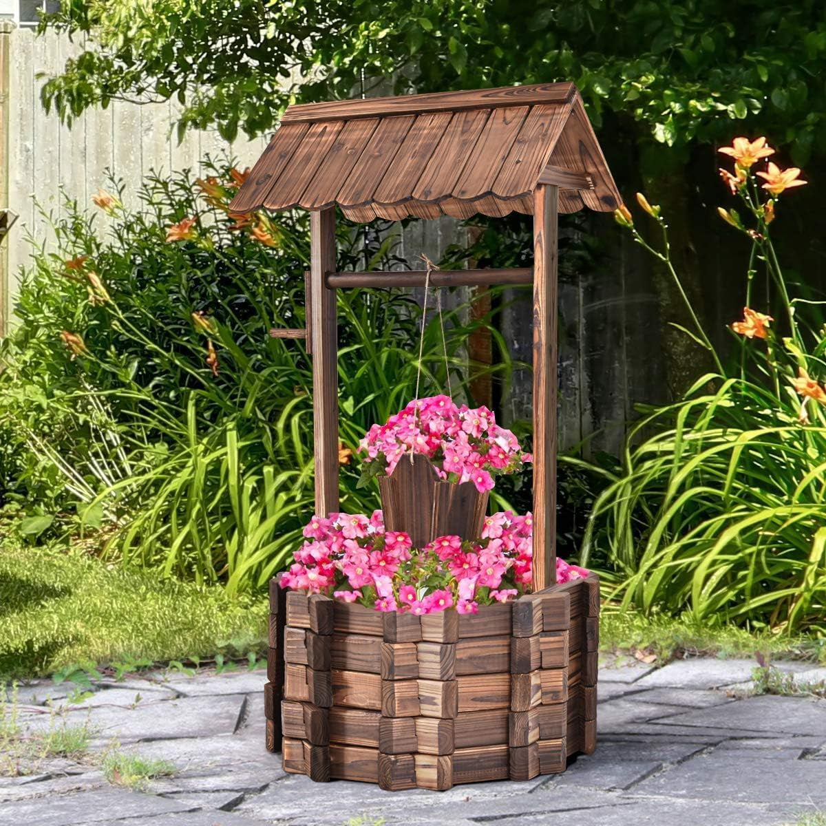 Houten fontein 56x56x114cm met dak, Wensput, Tuindecoratie, Bloempotten, Decoratieve fontein, Bloempotten, Bruin