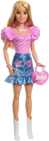 Modieuze Barbie pop 71 cm blond met afneembare kleding roze top denim rok cowboylaarzen ketting en handtas HYT84