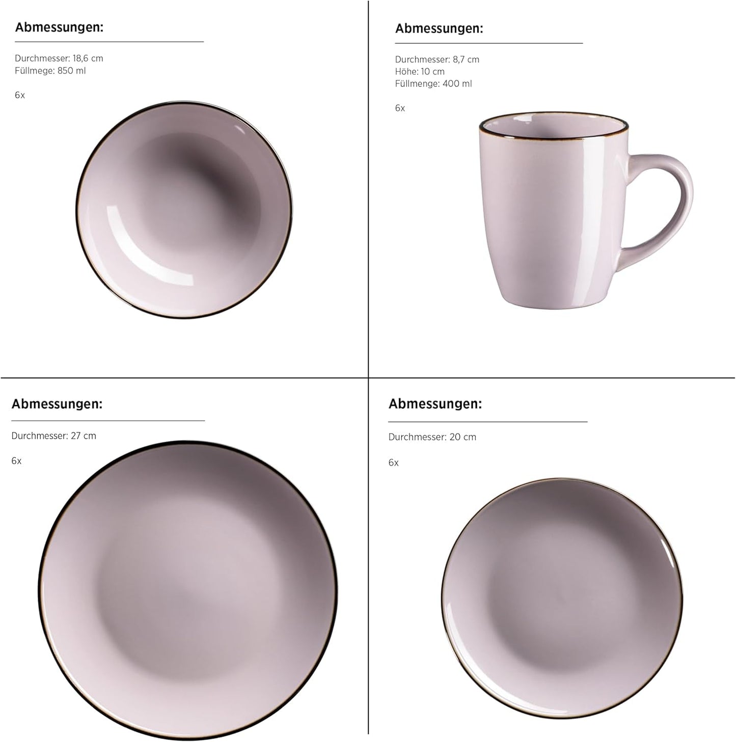 Moderne 6-persoonsserviesset met koperen rand, 24-delig randloos bekervormig combinatieservies, lavendel