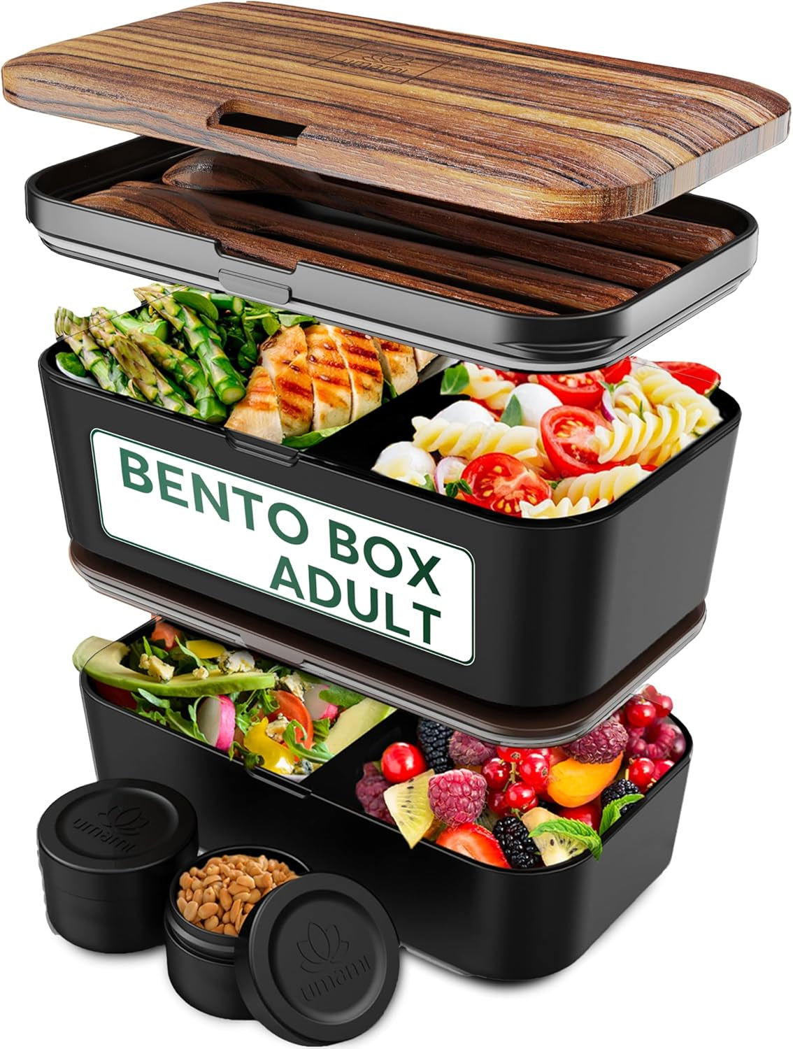 Umami lunchbox voor volwassenen, 4 bestek en compartiment lekvrije stapelbare bentobox, lunchbox voor volwassenen, saladecontainer voor onderweg, picknick-/kantoorlunchbox, antracietgrijs, 1500 ml Naty Shop voedselbewaardozen zwart wenge - 1500 ml stapelbaar in elkaar L - 1500 ml stapelbaar in elkaar