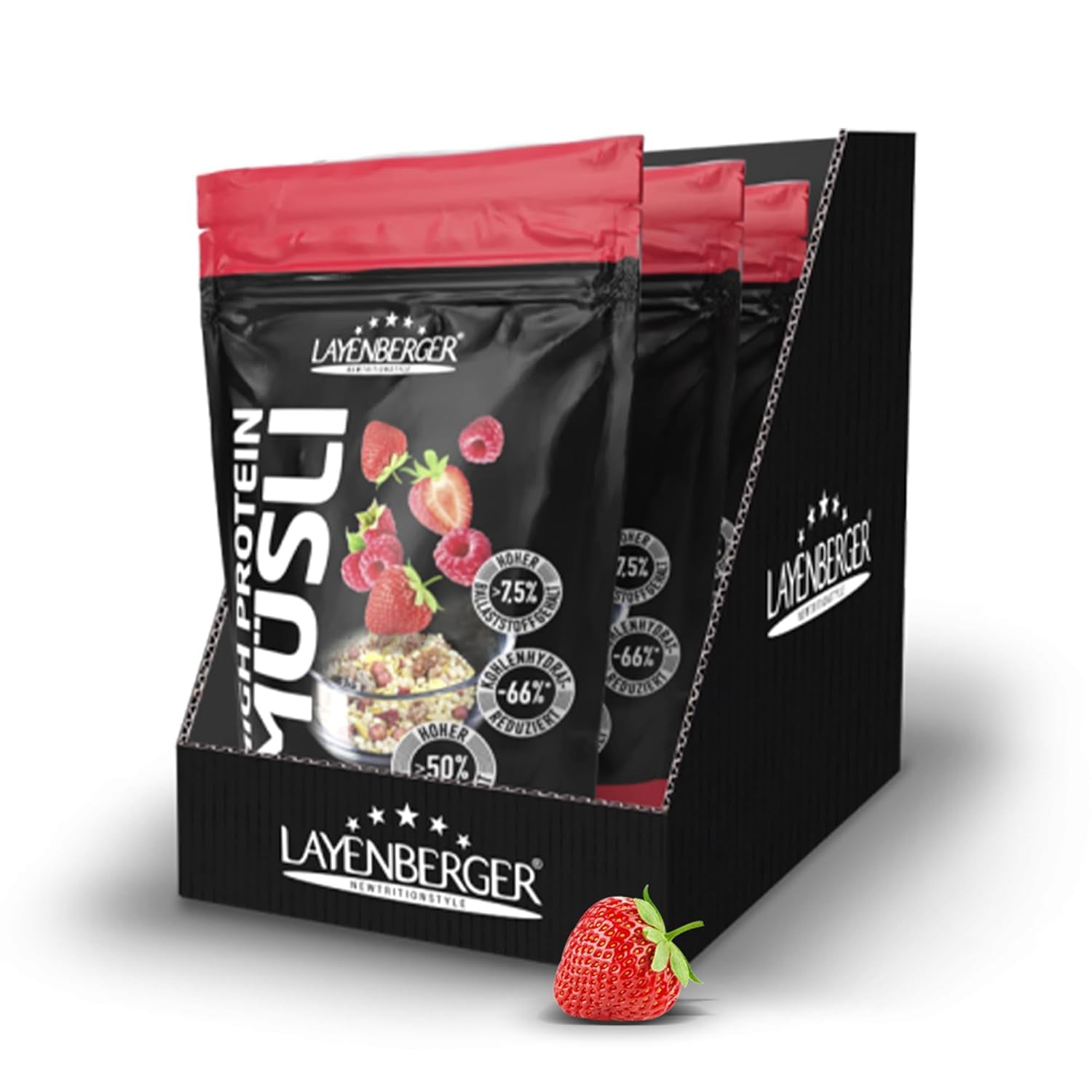 Layenberger 3K eiwitrijke muesli, 50% eiweiß en 18% kolenhydraat - enkelvoudig pakket (1X 390 G) - Schoko-Nuss Cereale Naty Shop 1,08 kg (1er-pakket) Rote Beeren Mix