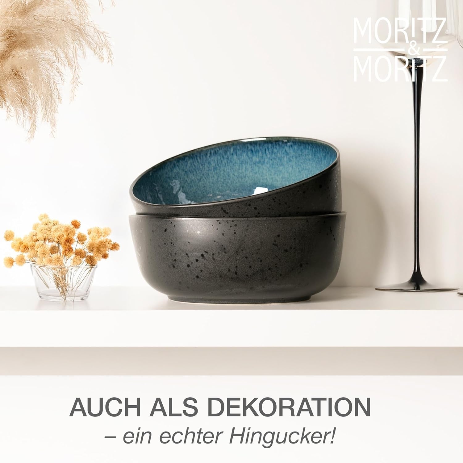 Moritz & Moritz BIOLOGISCH Serveerkommenset, Blauw - 2 grote hoogwaardige steengoedkommen, modern en tijdloos, magnetron- en vaatwasmachinebestendig - perfect voor salades, pasta, snacks en meer