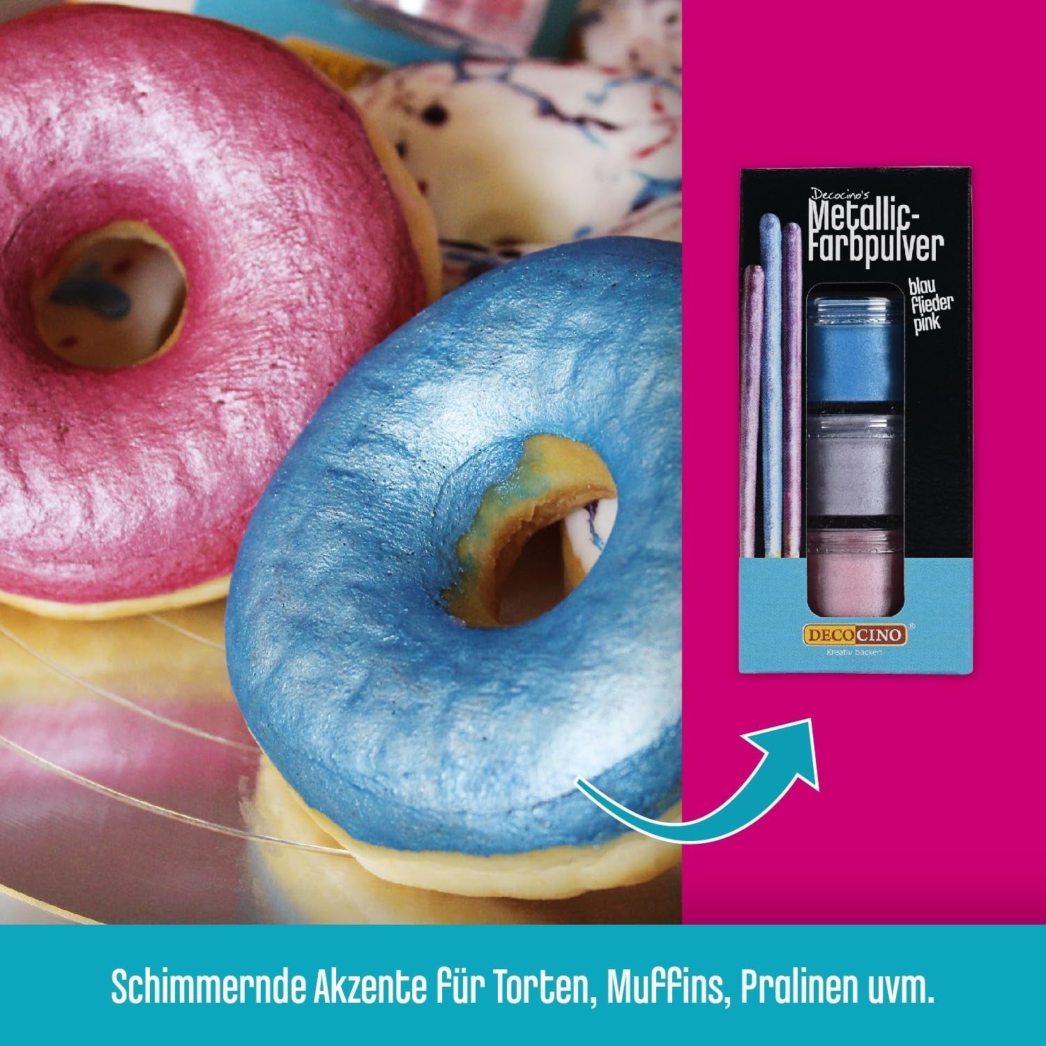 DECOCINO Metallic pastelkleurpoeder (3X2G) – Blauw, Lila en Roze – Kleurstofpoeder voor levensmiddelen – Glitterpoeder Geschikt voor fondant als taartversiering en taartdecoratie!