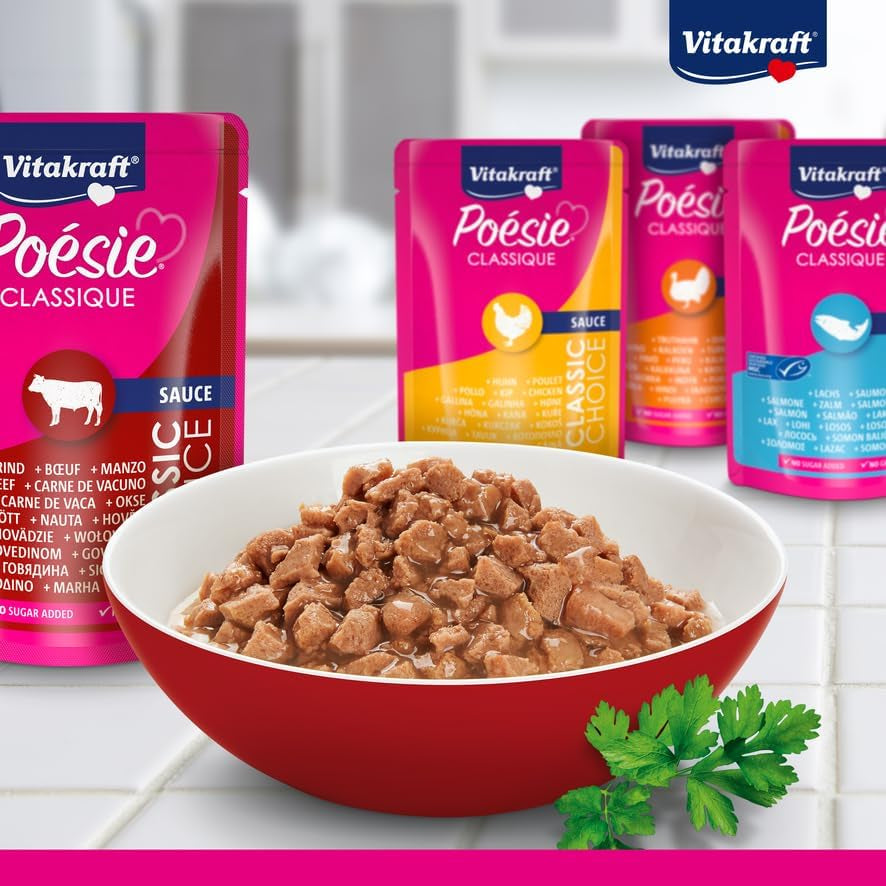 Vitakraft Poésie Classique, kattennatvoer, kattenvoer in saus, met kip, met kalkoen, met rundvlees, met zalm, zonder toegevoegde suiker en granen (1 pakje van 12 x 85 g)