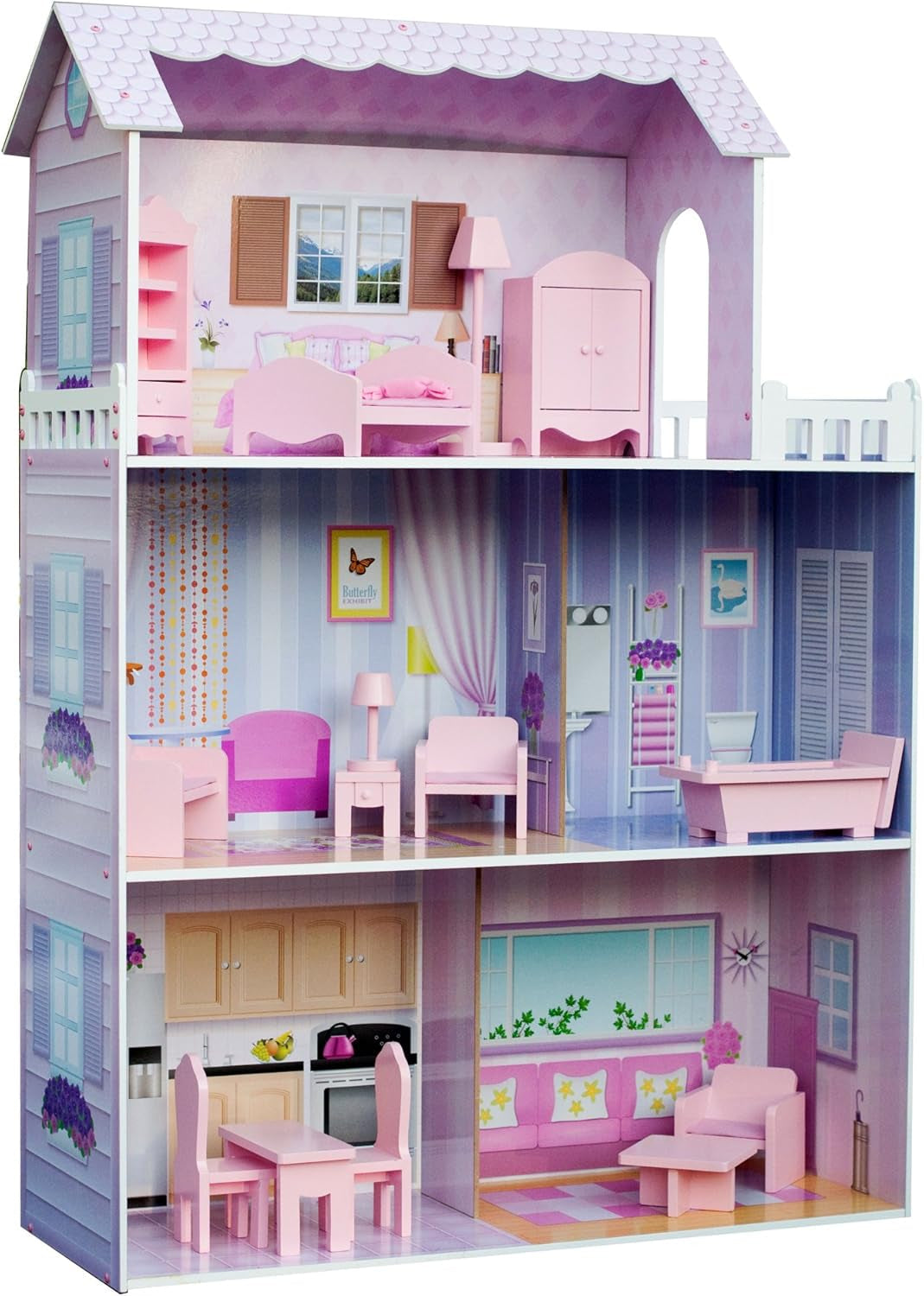 Olivia's Small World gigantisch poppenhuis, groot houten poppenhuis met meubels en accessoires, poppenhuis met 3 verdiepingen voor kinderen, poppenhuis voor poppen van 30 cm, 3 jaar + Naty Shop Mansion Fancy poppenhuizen