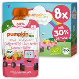 Pumpkin Organics zakjes biologische groenten en granen, pakje van 8: Peer, Aardbeien, Zoete aardappelen, Rode Biet, Banaan, Haver - Geen toegevoegde suiker¹ - Vanaf 6 maanden - als tussendoortje of aanvullend voedsel in de verpakking (8 x 100g)