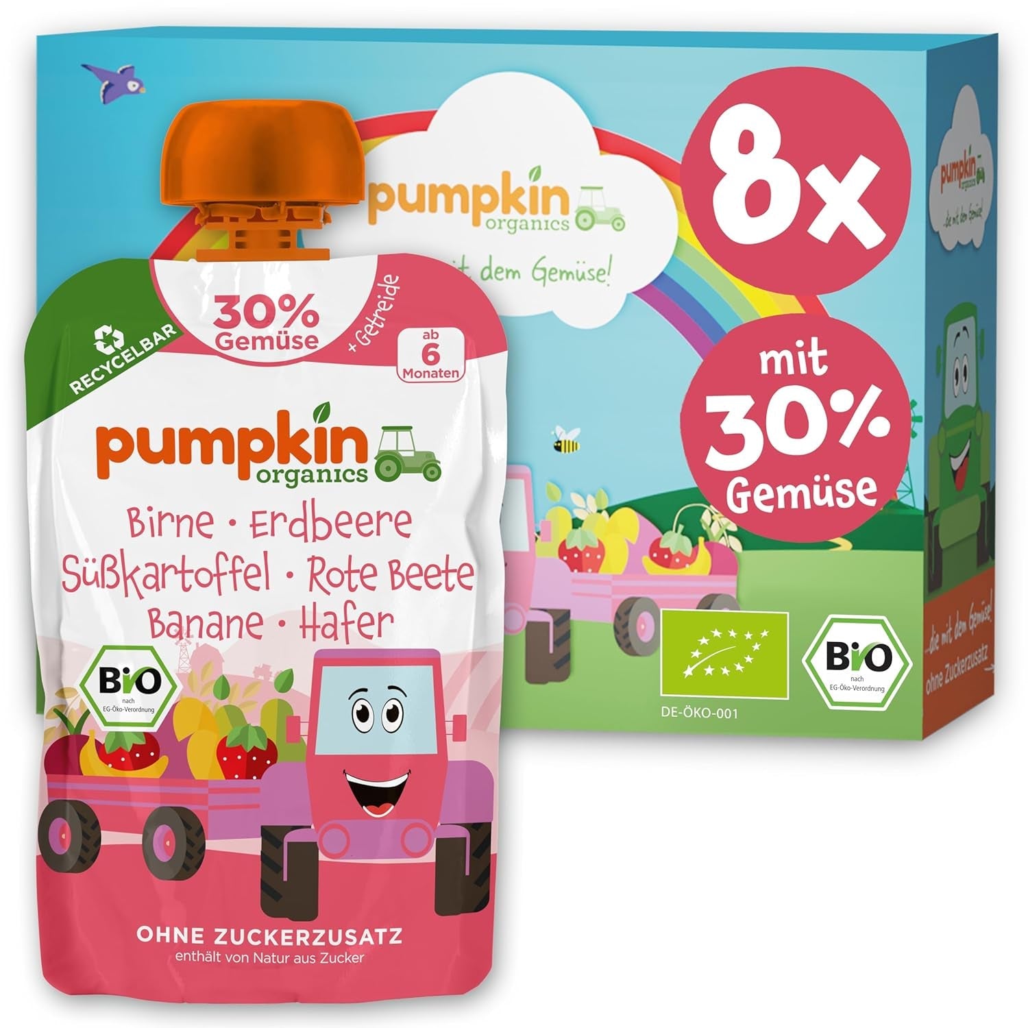 Pumpkin Organics zakjes biologische groenten en granen, pakje van 8: Peer, Aardbeien, Zoete aardappelen, Rode Biet, Banaan, Haver - Geen toegevoegde suiker¹ - Vanaf 6 maanden - als tussendoortje of aanvullend voedsel in de verpakking (8 x 100g)