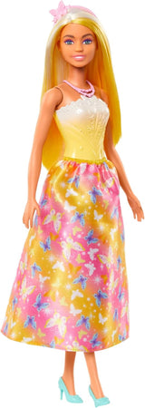 Barbie Koninklijke pop met mooi haar met kleurrijke strengen, kleurrijke accessoires, gele top en vlinderrok, HRR09 Naty Shop-poppen Standaardtitel