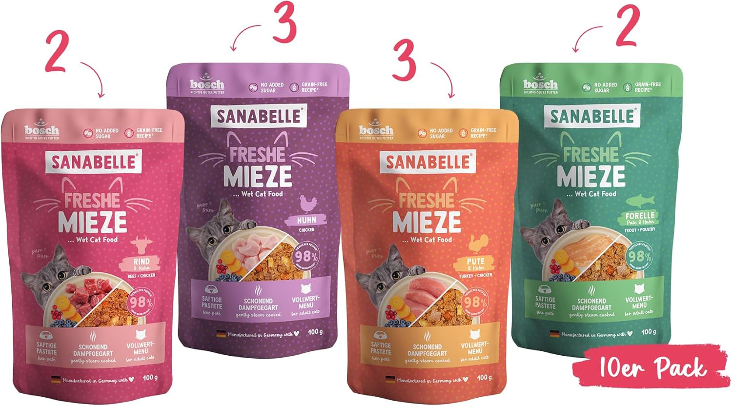 Sanabelle Freshe Mieze - Mixtray | 10 x 100 g Mixverpakking | 4 heerlijke soorten kattenvoer om te proberen | Gestoomd nat kattenvoer, net als vers gekookt