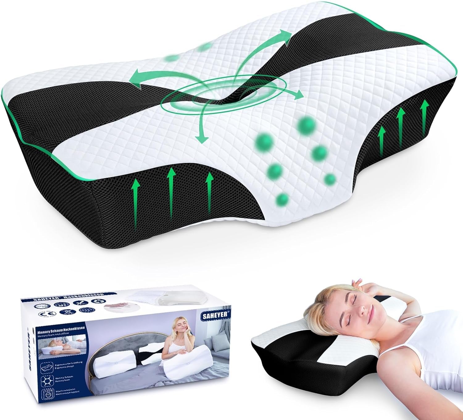 SAHEYER orthopedisch kussen neksteunkussen hoofdkussen ergonomisch nekkussen zijslaperkussen 60 X 40 X 13/11 cm traagschuimkussen voor zijslaper, rug en buik Cervicale orthopedische kussens Naty Shop Zwart