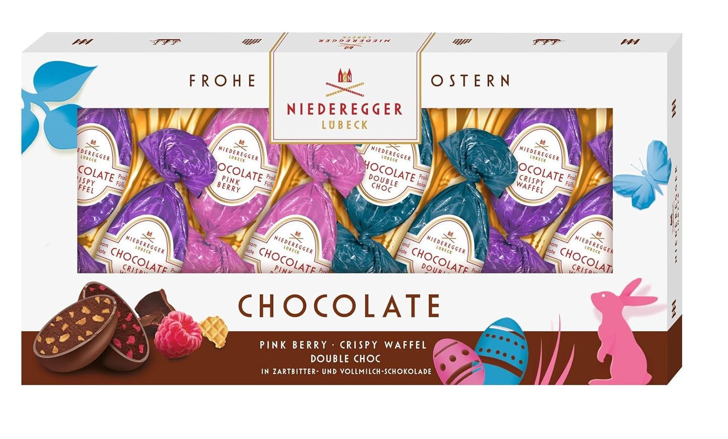 Niederegger | Chocolade-eieren | 1 x 100 g | Chocolade-eieren met smaken van roze bessen, krokant wafeltje en dubbele chocolade | Omhuld met pure en melkchocolade | Paascadeau | Chocolade eieren