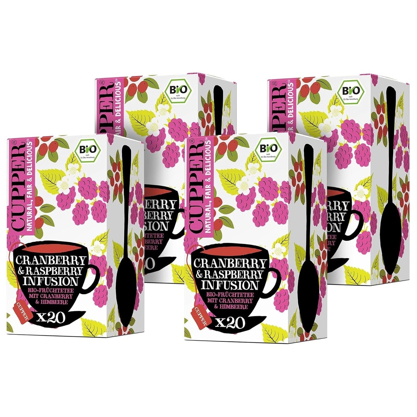 4Er Pack CUPPER biologische fruitthee "Cranberry & Raspberry Infusion", 4X20 niet-witte theezakjes, biologisch, fairtrade