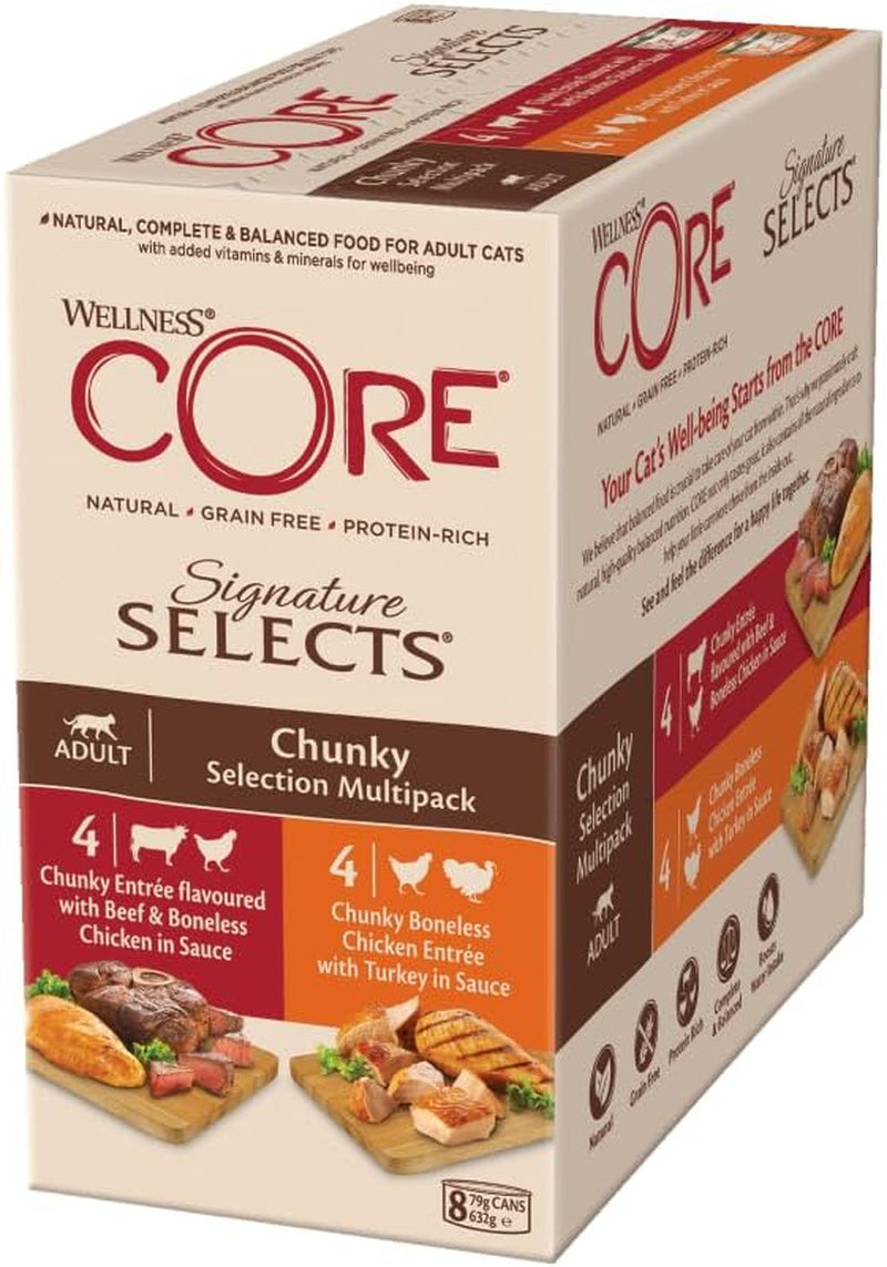 Wellness CORE Signature Selects 8 x 79g, Mix Rundvlees, Kip en Kalkoen - Nat kattenvoer, heerlijke reepjes in saus, graanvrij, natuurlijk, hypoallergeen, rijk aan eiwitten, rijk aan vlees