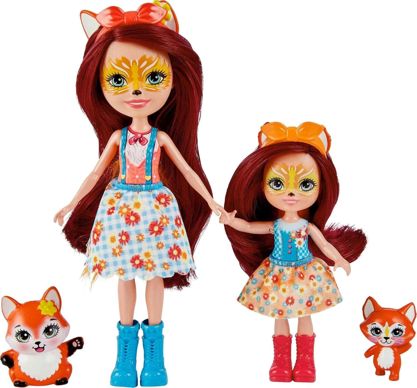 Enchantimals HCF81 - Felicity Fox en haar kleine zusje (ca. 15 cm en ca. 10 cm) en 2 dierenfiguren, afneembare rok en accessoires, leuk cadeau voor kinderen vanaf 3 jaar