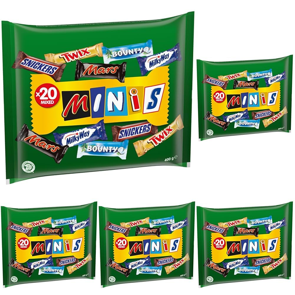 Gemengde mini's, Snickers, Bounty, Twix, Milky Way, chocolade bulkverpakking, één pakket (1 x 400 g) (pak van 5)