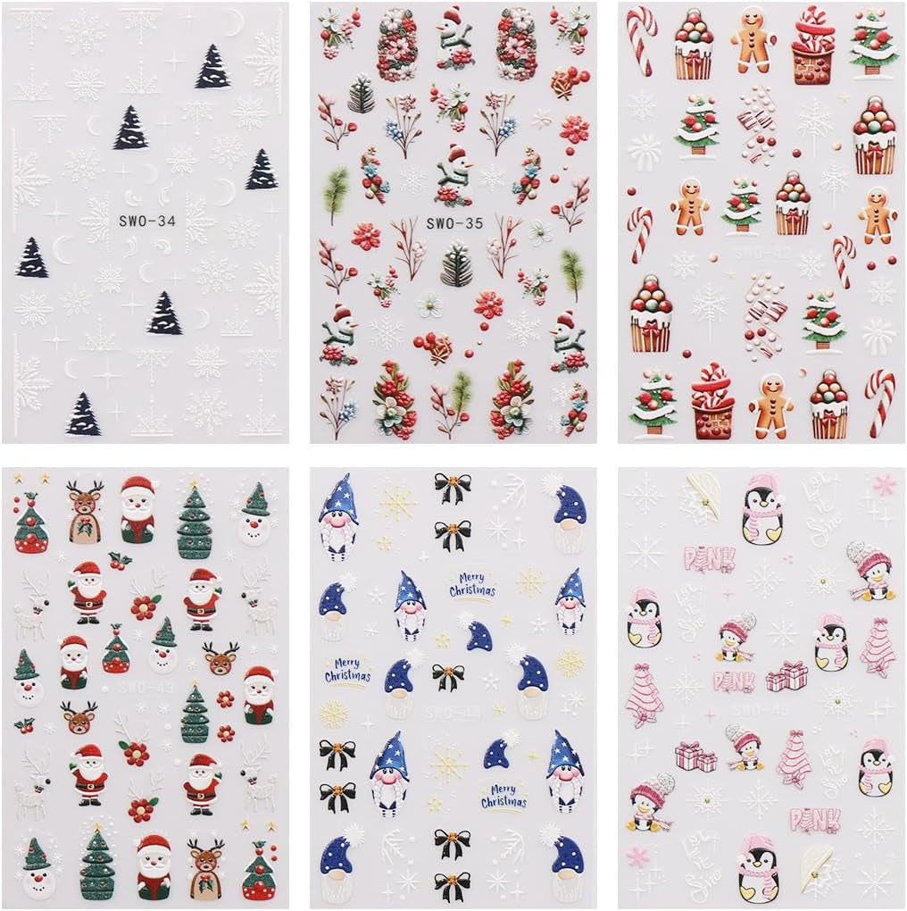 JMEOWIO Nagelsticker Weihnachten 6 Blatt Nail Art Sticker Selbstklebend Nagelaufkleber Schneeflocke Winterurlaub Niedlich Decoratie Nageldesign Zubehör