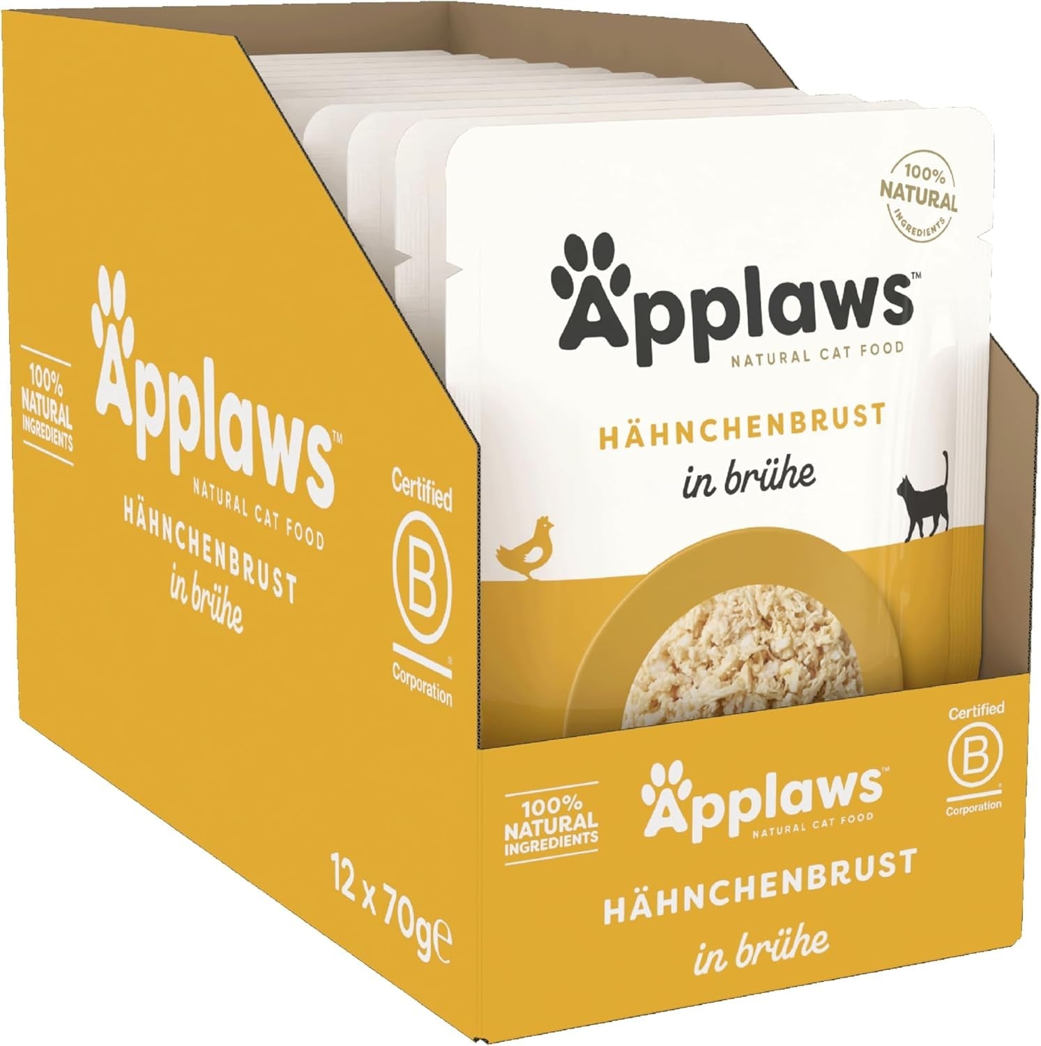 Applaws 100% natuurlijk nat kattenvoer, kippenborst in bouillon - Verpakking van 12 zakjes van 70 g