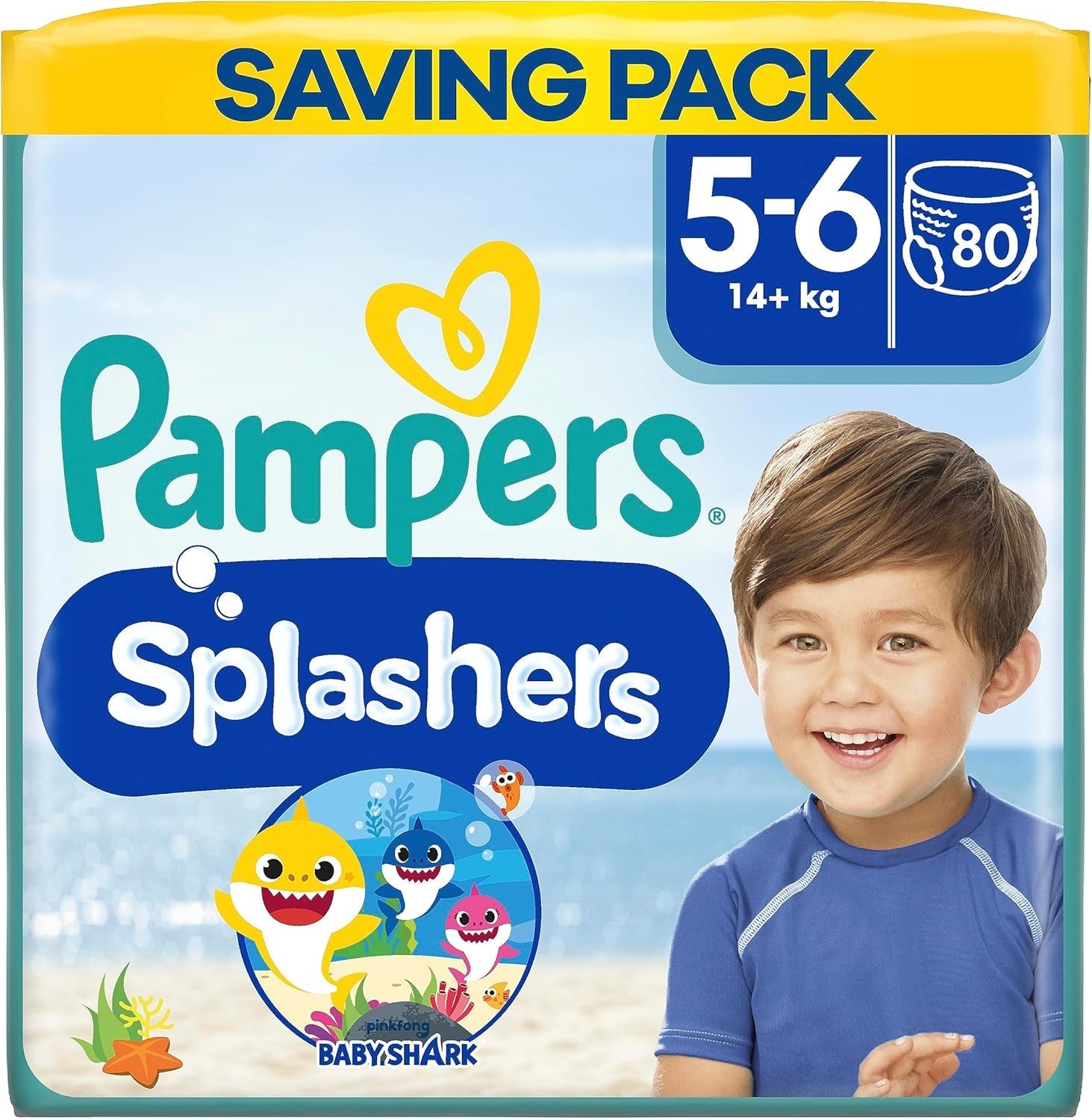 Pampers (oude versie), Splashers wegwerpbadshorts - maat 5/6 (14kg+) - doos met 8 verpakkingen van 10