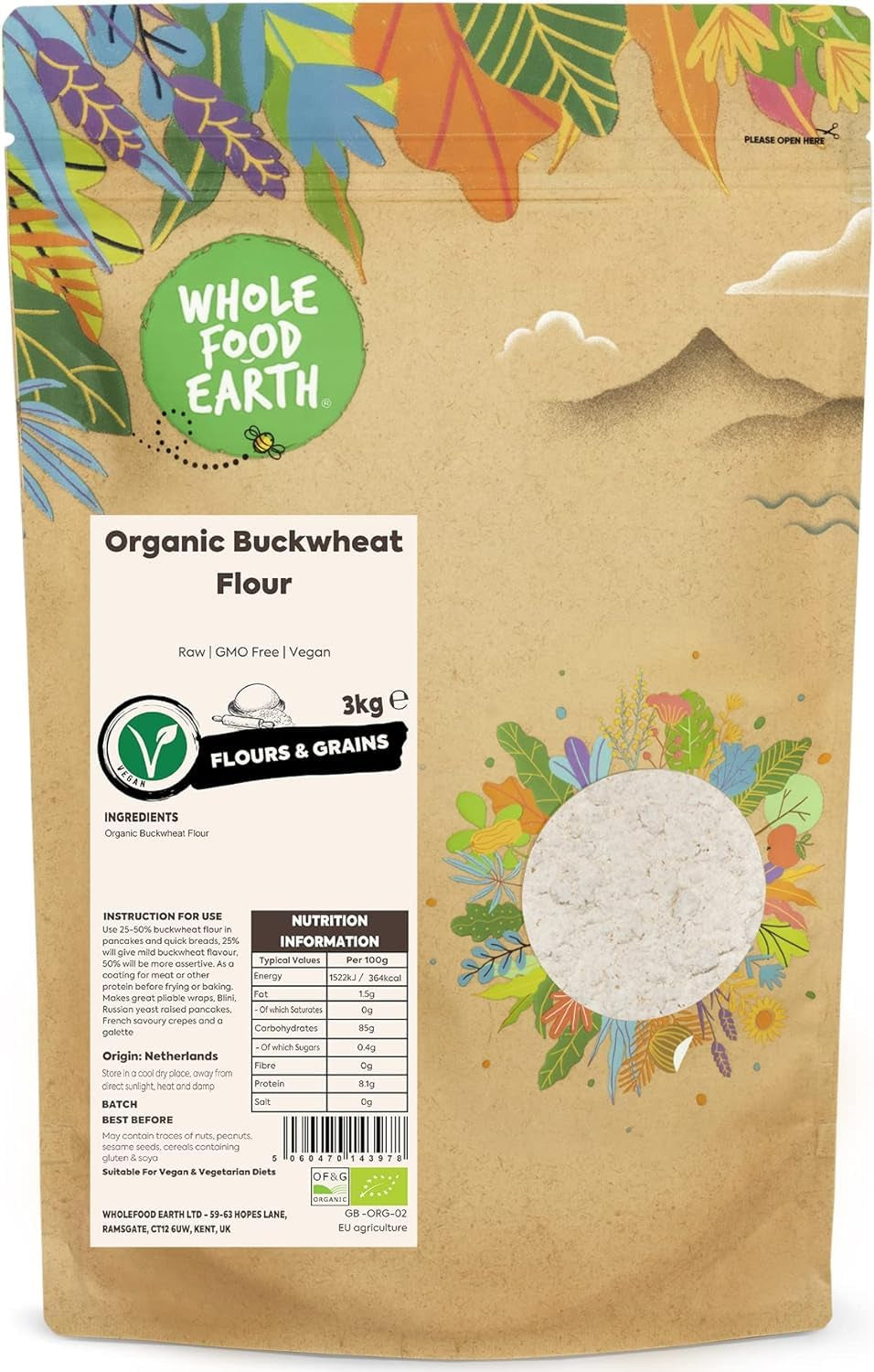 Wholefood Earth Biologisch Boekweitmeel 1kg | Wreed | Niet-GMO | Veganistisch | Gecertificeerd biologisch