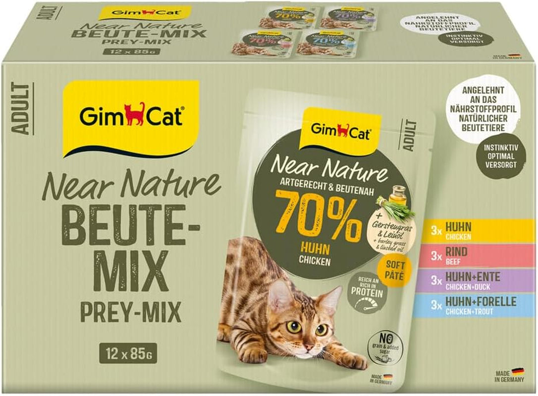 GimCat Near Nature Trial Mix 12 Pack - Natgraanvrij voer voor katten vanaf 7 maanden met een soortgeschikte en prooispecifieke receptuur - 12 zakjes (12 x 85g)
