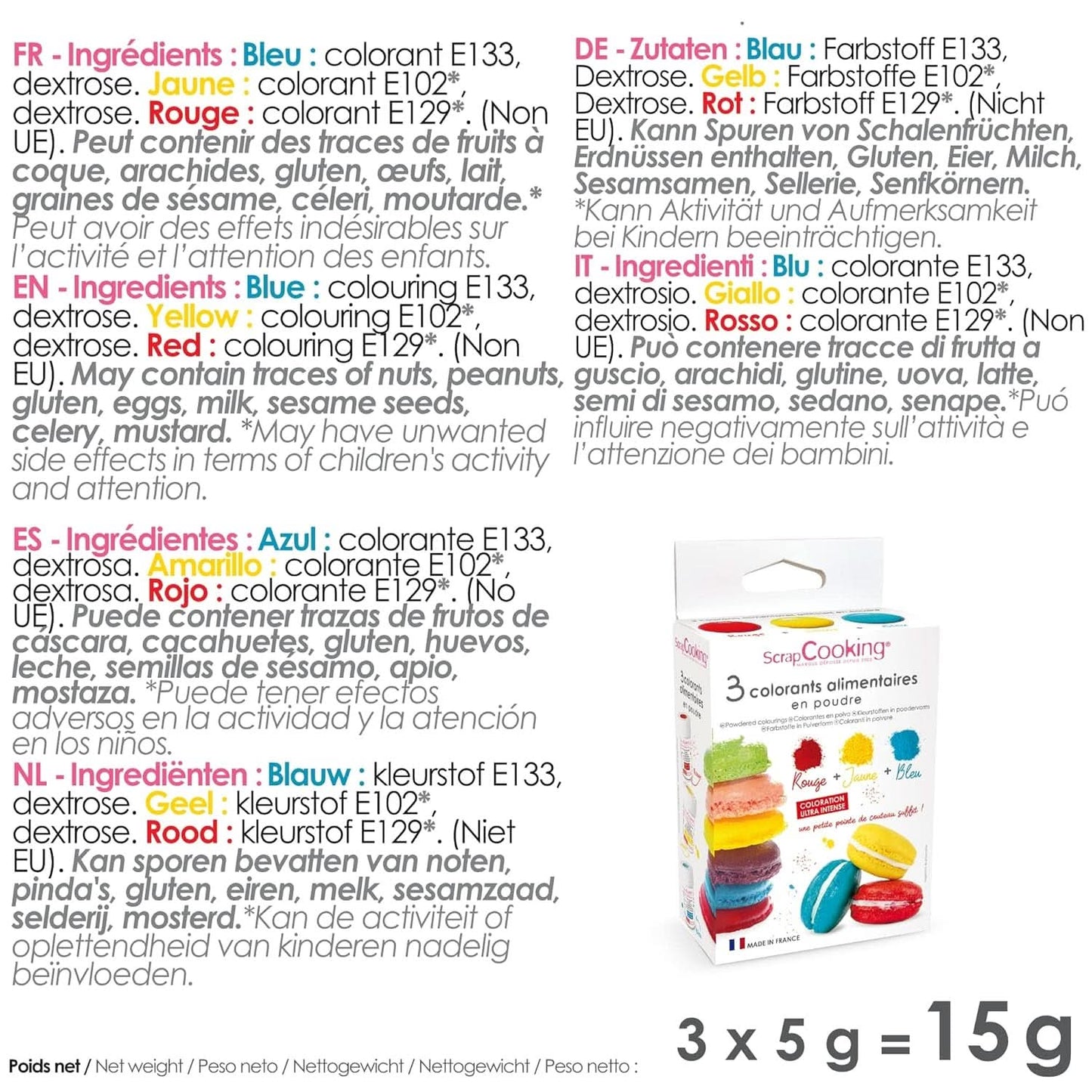 ScrapCooking, Set van 3 voedselkleurstoffen in poedervorm - rood, geel, blauw, 3 x 5 gram Naty Shop