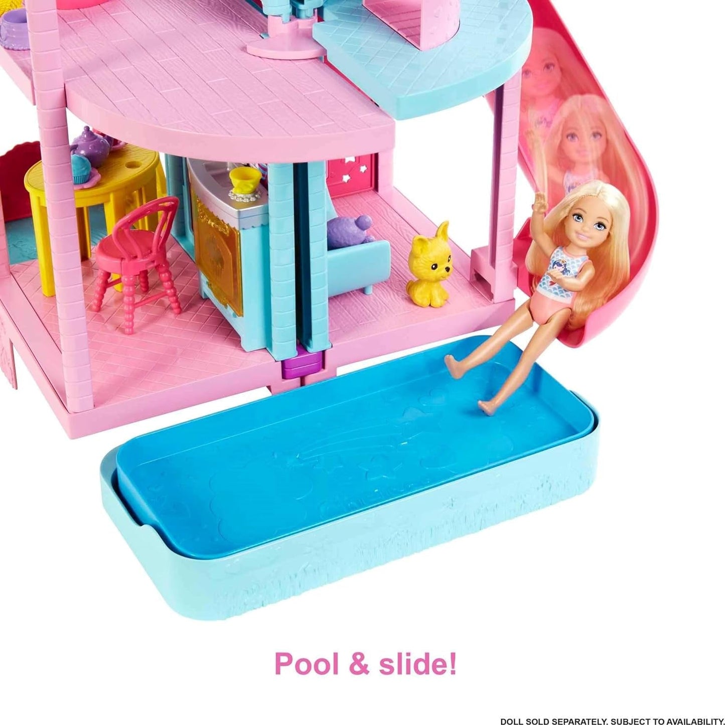 Barbie Chelsea Speelhuis - 3 transformerende verdiepingen, geheime speelplekken, lift, zwembad, glijbaan, 2 huisdieren en 20+ accessoires, voor kinderen vanaf 3 jaar, HHX44