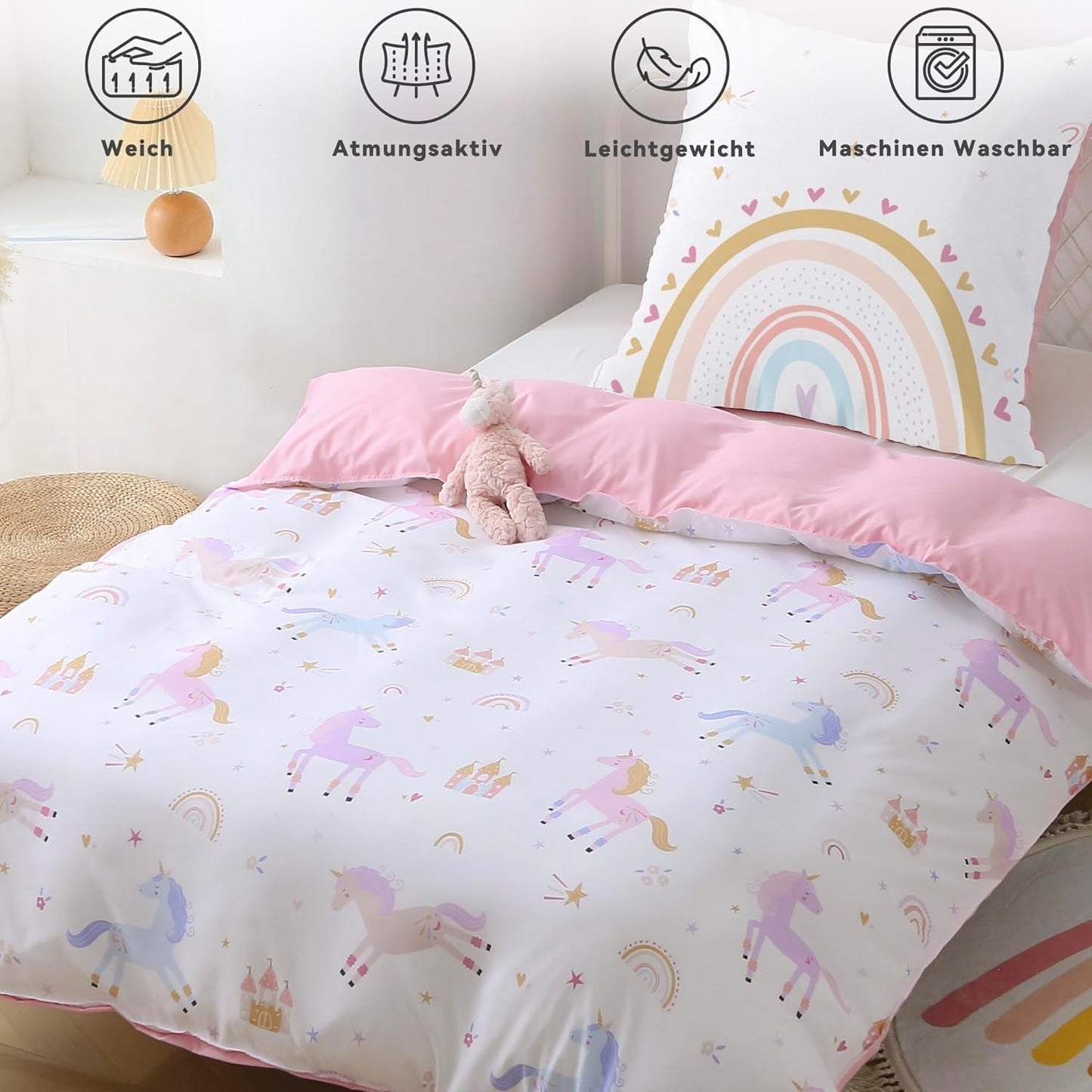 Fekohipy Bettwäsche 135X200 Mädchen Einhorn Kinderbettwäsche Rosa 3D-Druck Mikrofaser Regenbogen Kinder Bettbezug Mit Zwißwerfer en 1 Kissenbezug 80X80Cm 2-Teilige Kinderbettwäsche-Set Naty Shop