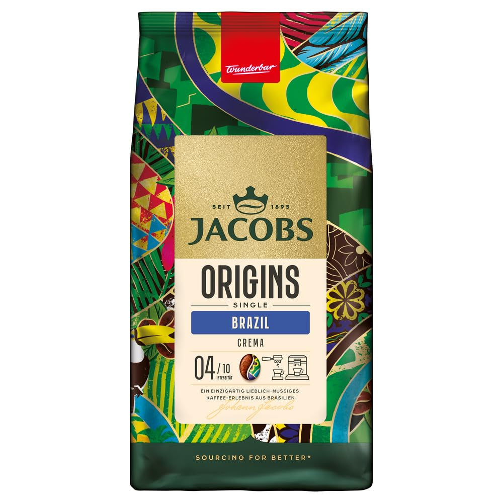Jacobs Kaffeebohnen Origins Brazilië, mild-nutsiger Geschmack aus Brasilien, geröstet in Bremen, Intensität 4/10, Kaffee ganze Bohnen, 1 kg