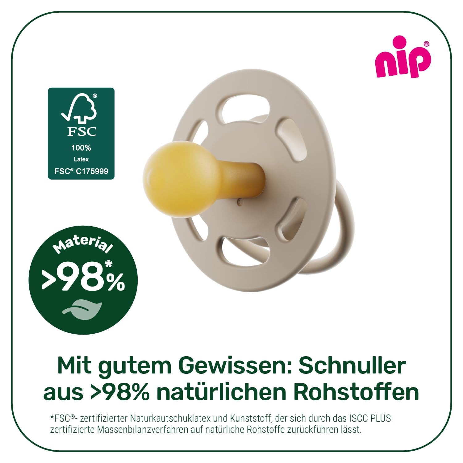 nip - Kersengroen | 0-6 maanden | Pak van 4 | Babyfopspeen, geschikt voor borstvoeding en tandjes krijgen. Duurzame speen, gemaakt van natuurlijke grondstoffen, lichtgroen/bruin