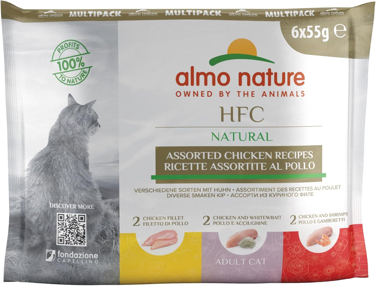 almo nature HFC Natural - Natvoer voor katten - met kip - Menselijke kwaliteit, glutenvrij, monoproteïne - 55 g, verpakking van 6