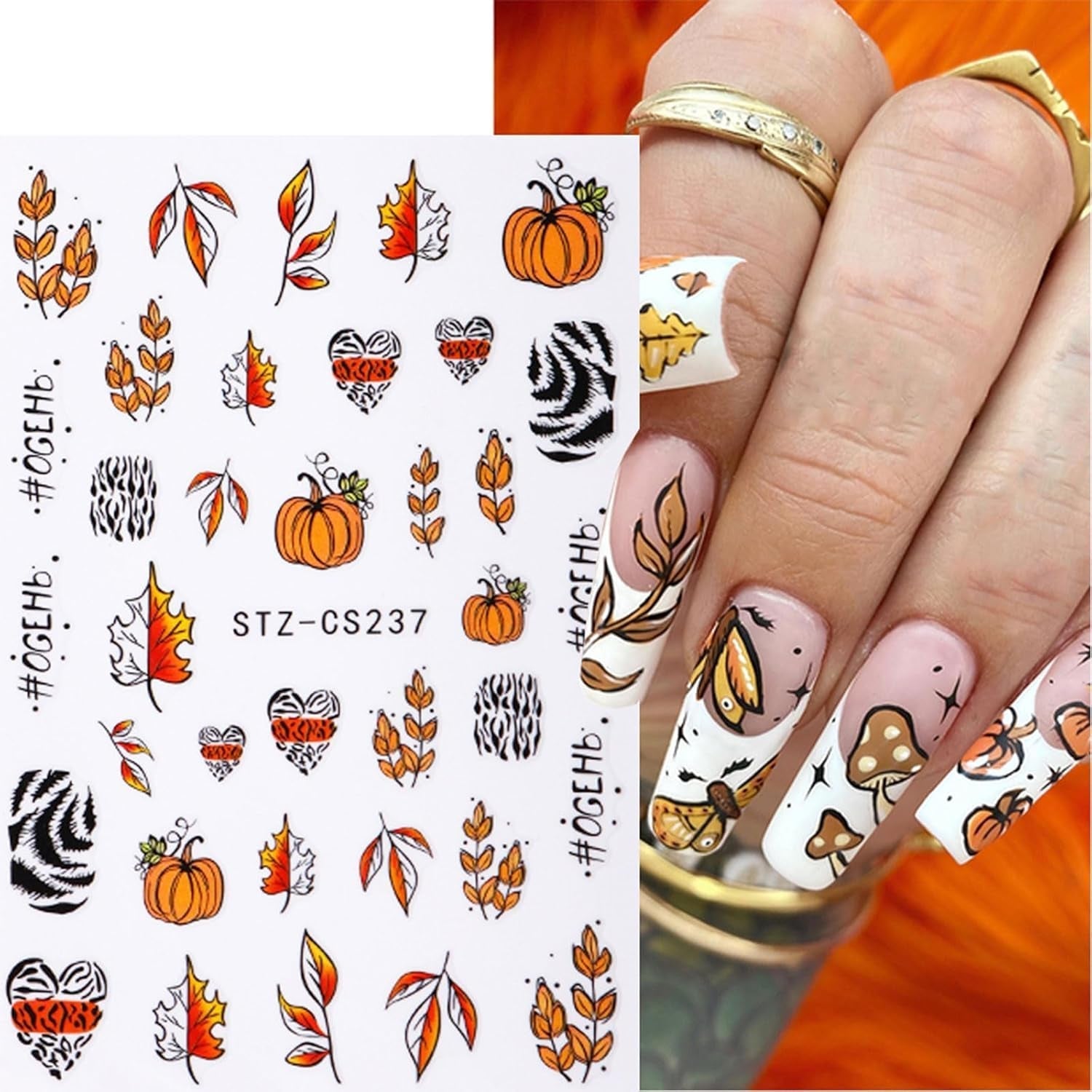 JMEOWIO Nagelsticker Herbst 9 Blatt Nail Art Sticker Selbstklebend Nagelaufkleber Kürbis Ahornblatt Erntedankfest Decoratie Nageldesign Zubehör