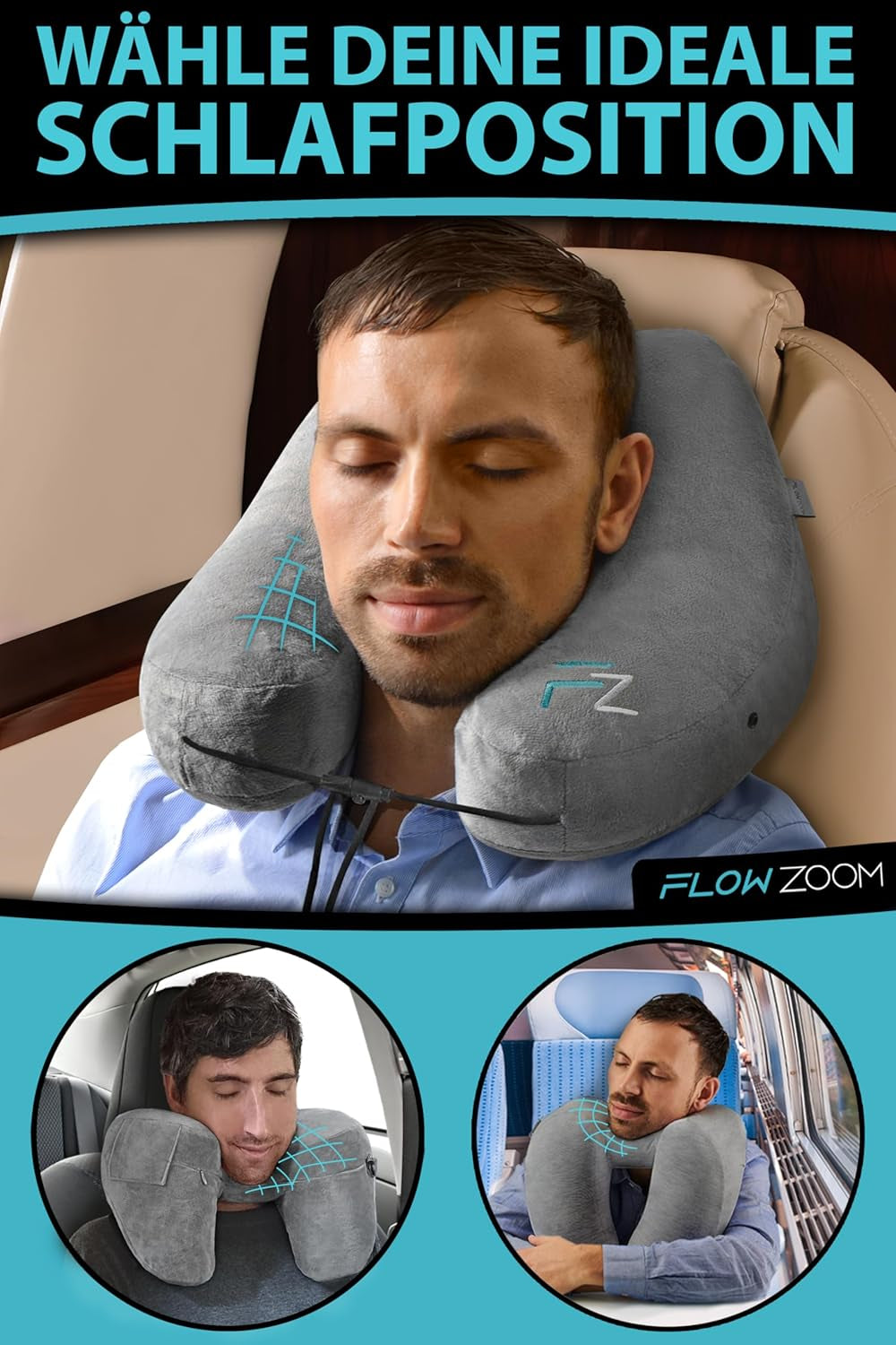 FLOWZOOM AIR Opblaasbaar nekkussen met capuchon - Vliegtuignekkussen - Reiskussen - Snel opblaasbaar reisnekkussen - Vliegtuigkussen - Reiskussen - Nekkussen voor volwassenen (grijs) Cervicale orthopedische kussens Naty Shop
