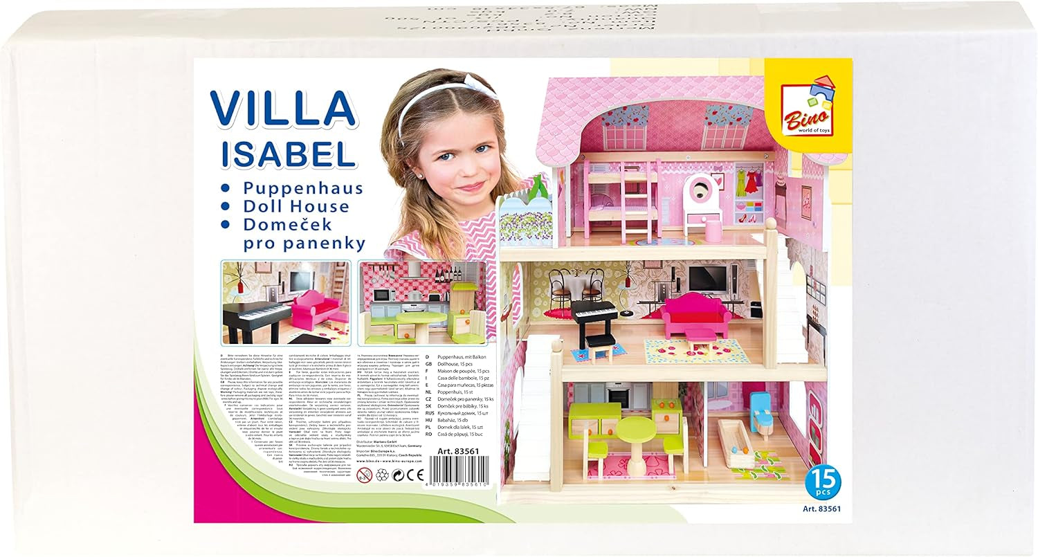 Bino World of Toys Poppenhuis met balkon, Speelgoed voor peuters vanaf 3 jaar, met 3 verdiepingen, trappen, 4 kamers en balkon incl. 15-TLG. Accessoires, Om de vaardigheden van kinderen te bevorderen, Roze design Naty Shop poppenhuizen