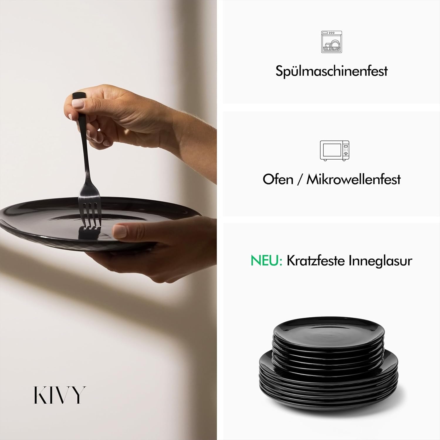 KIVY Geschirrset 6 Personen[Kratz & Spülmaschinenfest] 6x27cm + 6x22cm - Tellerset 12-teilig modern - Geschirrset - Kombiservice - Geschirrset - Tellerset Schwarz - Teller Schwarz Matt