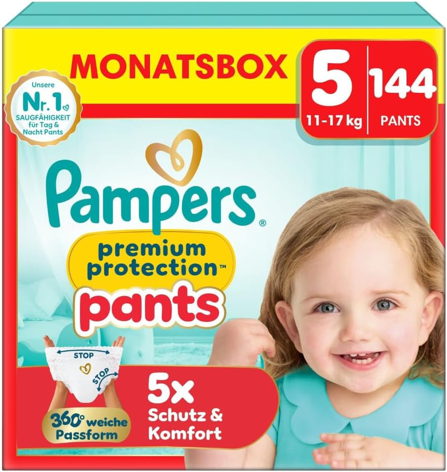 Pampers Premium Protection Broekje Maat 7, 123 Luiers, 15kg+, met 360° aanpassing en zachte anti-lek manchetten voor optimaal comfort en bescherming