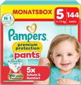 Pampers Premium Protection Broekje maat 5, 144 luiers, 11kg - 17kg, met 360° aanpassing en zachte anti-lek manchetten voor optimaal comfort en bescherming