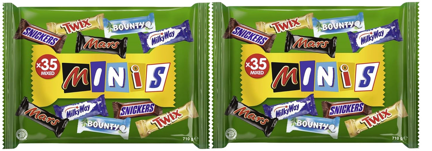 Mini gemengd chocolade bulkpakket, chocolade, 35 mini chocoladesnacks (Mars, Snickers, Bounty, Twix, Milky Way) als snoep, chocoladegeschenk, snoepdoos (710 g)