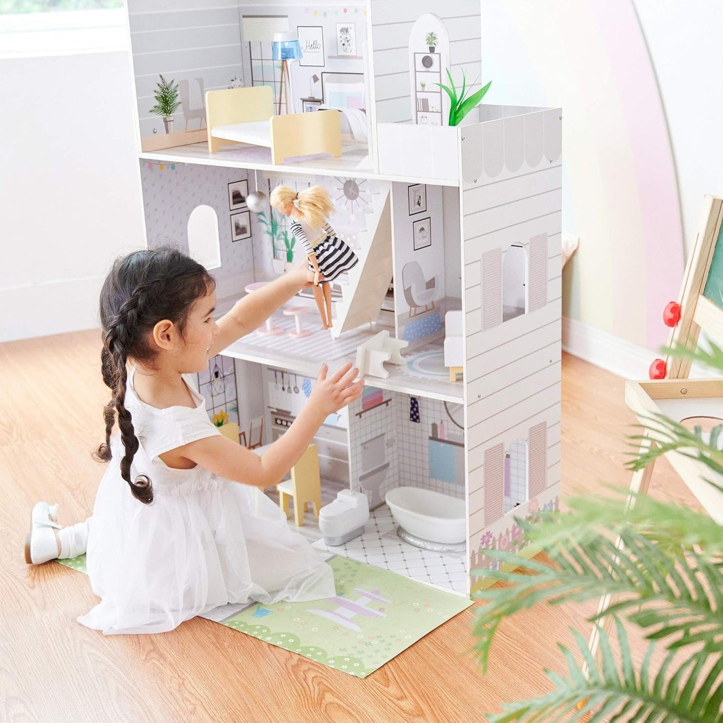 Teamson Kids Olivia's Little World gigantisch poppenhuis met 16 poppenaccessoires, houten poppenhuis met meubilair, 3 verdiepingen, 30 cm poppenhuis voor kinderen, vanaf 3 jaar