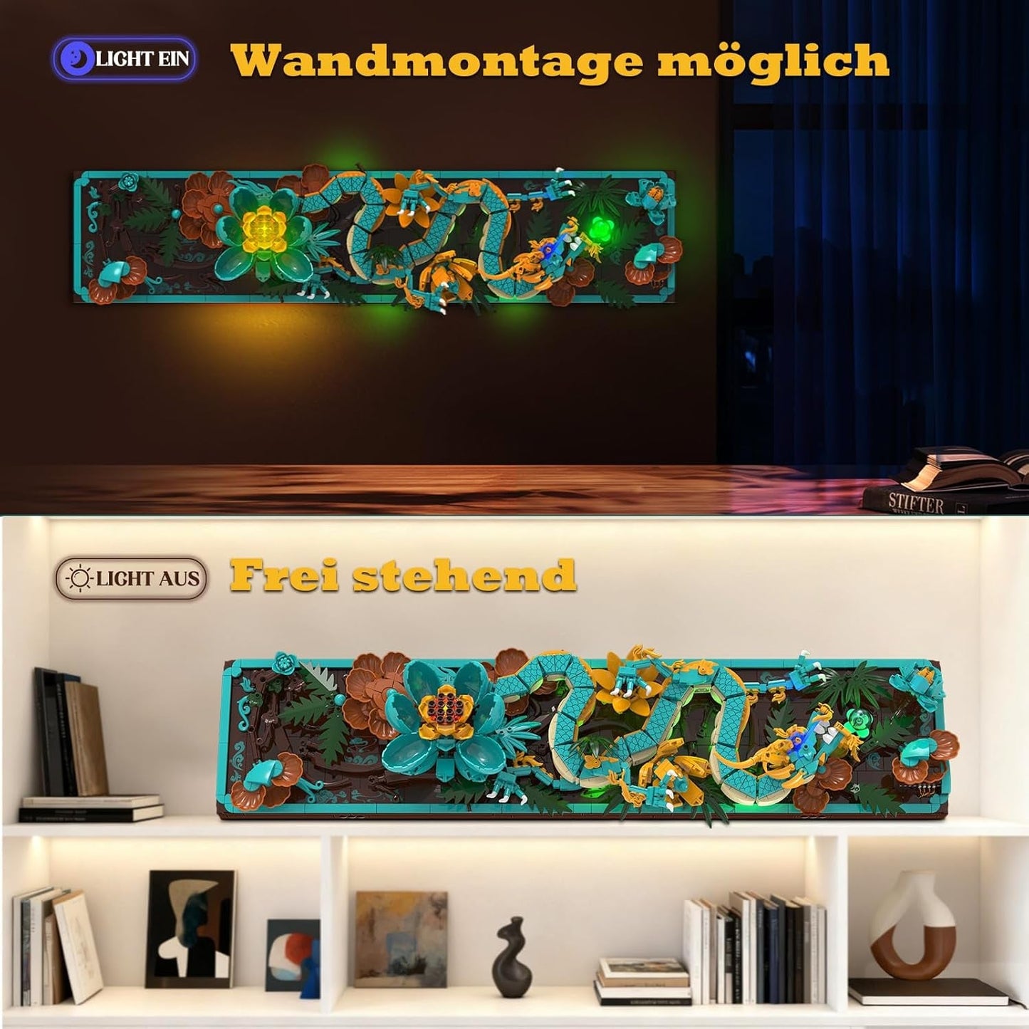 Mythische Dragon Tile-bouwset voor volwassenen, 3D Divine Loong Art-bouwspeelgoed met LED-verlichting en bloemen, DIY Dragon Relief-modelset, creatieve geschenken en decoraties (1676 stuks)