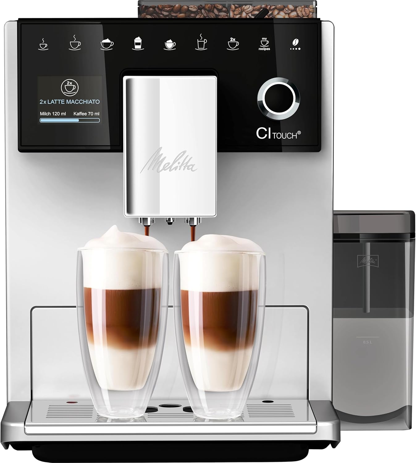 Melitta CI Touch - Volautomatische espressomachine met melksysteem, espressomachine met geïntegreerde koffiemolen en melkopschuimer, b.v. voor espresso of cappuccino, zilver