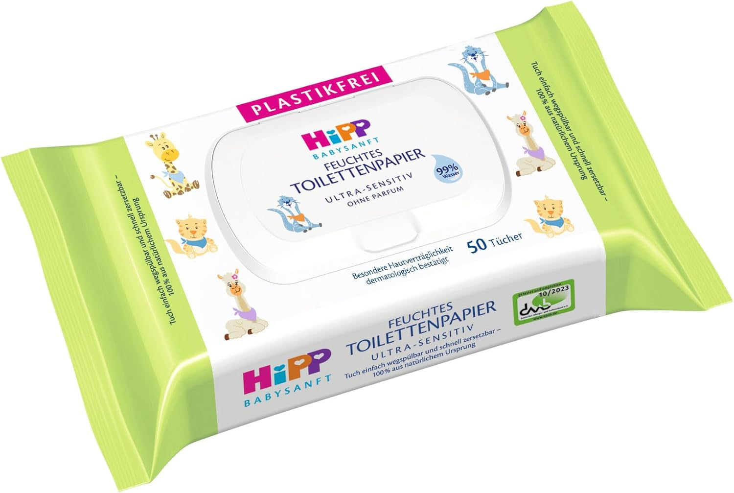 HiPP Baby zacht nat toiletpapier (6 x 50 vellen), 99% water, ultragevoelig, ongeparfumeerd, met scharnierend deksel