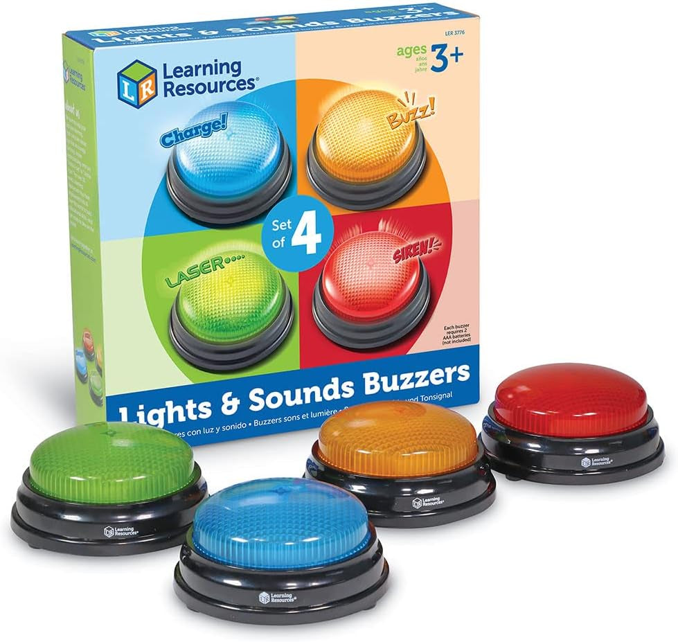 Leermiddelen Licht- en geluidszoemer Educatieve spellen vanaf 3 jaar Kinderen Vraagspeelgoed met 4 verschillende geluiden voor spelavonden en klaslokalen Babyspeelgoed Naty Shop Geen batterijen inbegrepen Set van 4