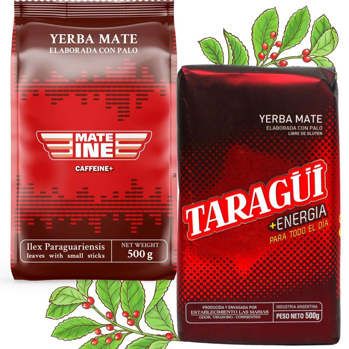 Mate Energie Cafeïne Theeset | Yerba Mate Taragui Energiethee 500 g | Cafeïne Mate Thee | Alternatief voor cafeïnehoudende en energiedrankjes | Yerba Mate thee met hele bladeren 1 kg