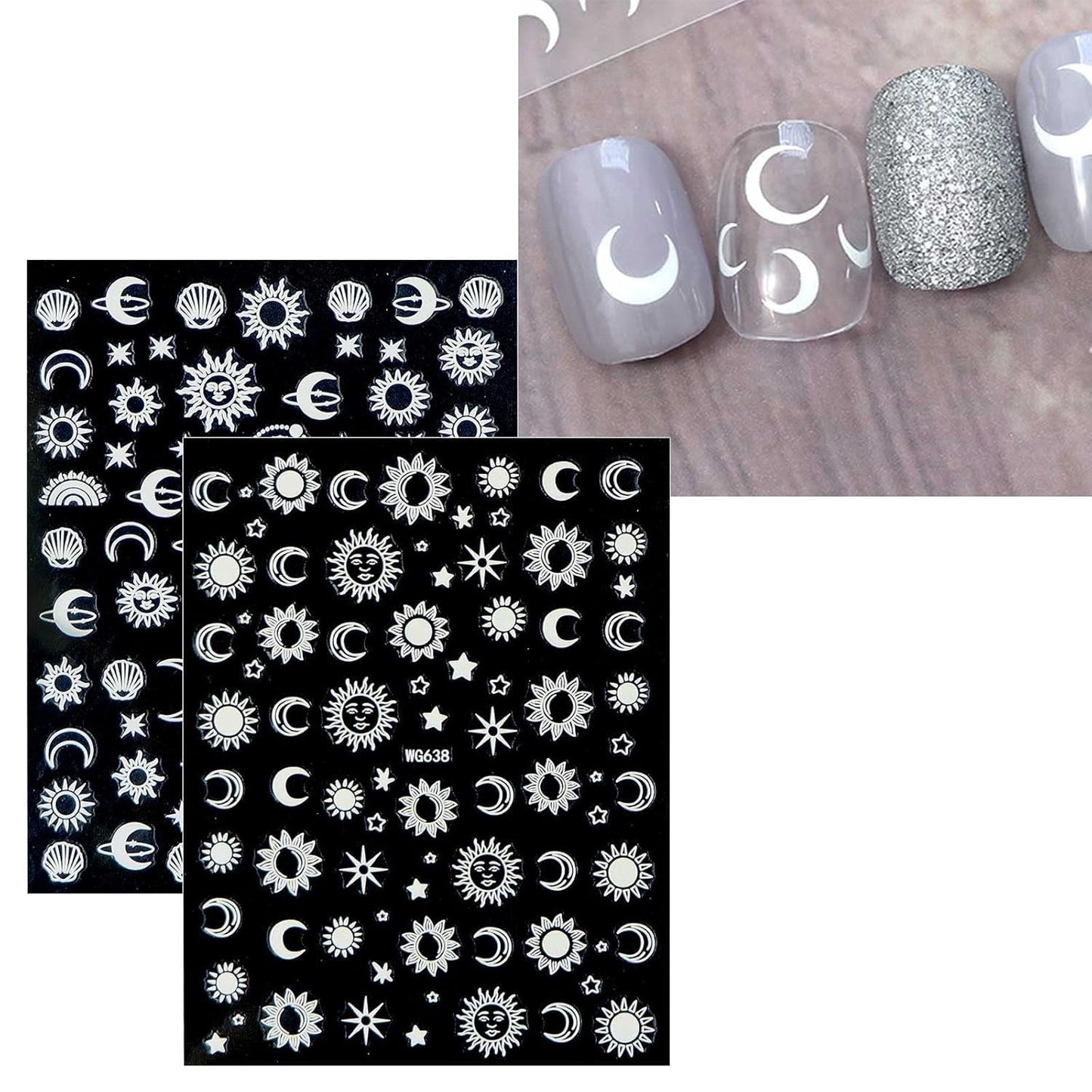 JMEOWIO Nagelsticker Mond Stern Sonne 10 Blatt Nail Art Sticker Selbstklebend Nagelaufkleber Bunt Decoratie Nageldesign Zubehör