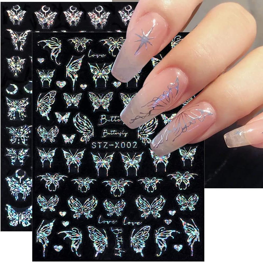 6 Blatt Schmetterling Nagelsticker Selbstklebend Laser Zilver Schmetterlings Nagelaufkleber 3D Aurora Silber Schwarz Schmetterlinge Nagelstickers Frühling Nageldesign Nagelsticker Nail Art Zubehör