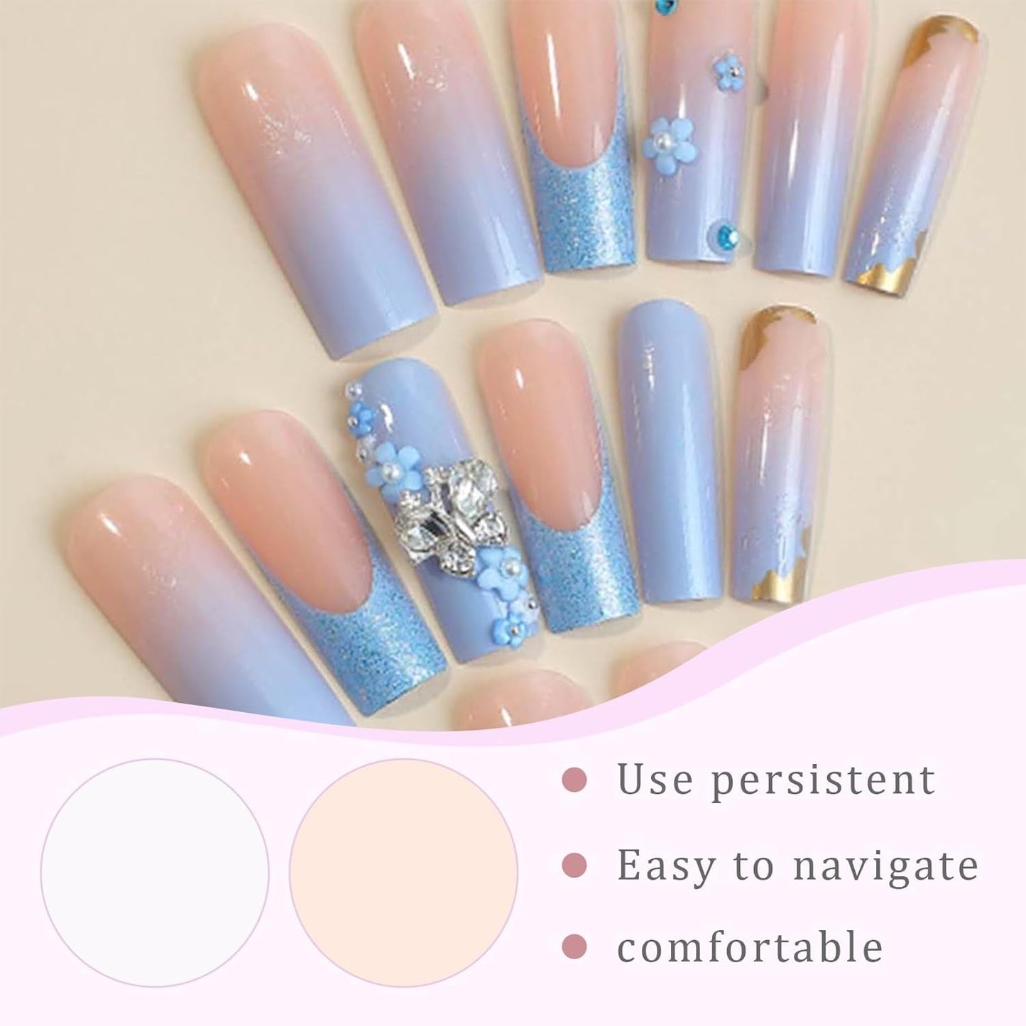 24 stuks vlinderblauwe kunstnagels vierkante druk op Franse lange glitter sprankelende strass valse nageltips